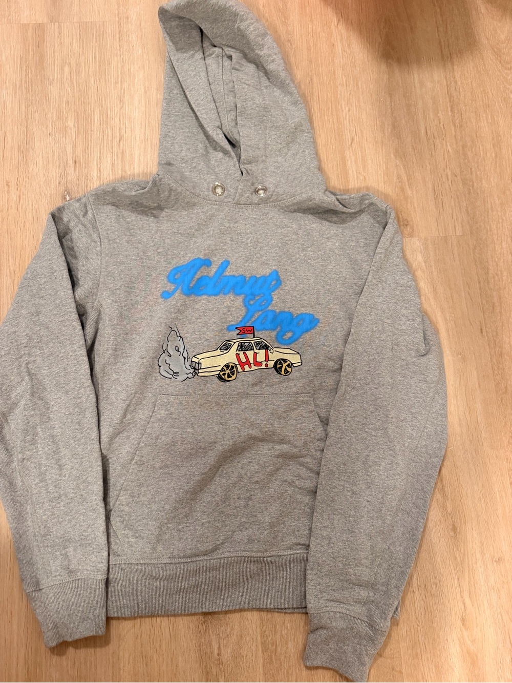 Helmut Lang Gray Hoodie with Blue Script and Yellow Car Graphic